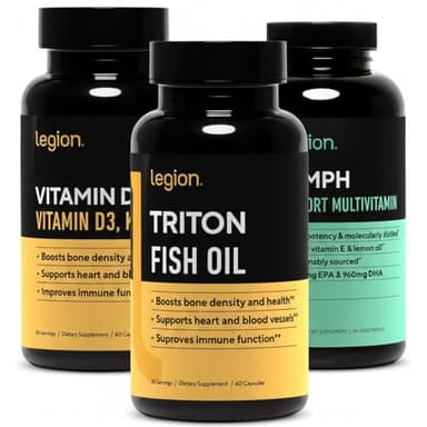 LEGION Complete Health Bundle – Triumph Multivitamin for Men + Triton Triple Strength Fish Oil + Vitamin D3 K2 Supplement – Daily Wellness Stack for Energy, Heart, Bone & Immune Support