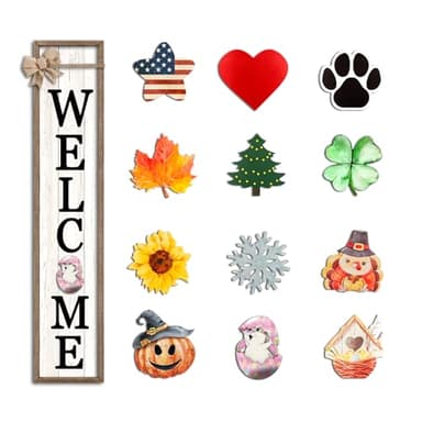 Surfapans Interchangeable Welcome Sign for Front Porch Standing 45"X9" Large with 12 Pcs Replaceable Icons Outdoor Decorations Frame Tall Vertical Outside Farmhouse Rustic Door Decor (Wood)