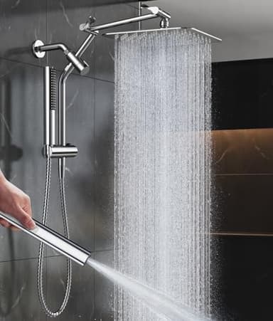 Veken All Metal 10" Shower Head with Handheld, Luxurious Square Double Rain Shower Heads,Power Wash Wand,Dual High Pressure Detachable Rainfall Showerhead with Spray Combo,Extension Arm,Chrome,Sliver