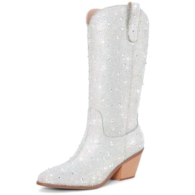RONILURN Women Cowboy Boots Cowgirl Rhinestone Mid Calf Western Boots Sparkly Glitter Boots Bling Pointed Toe Chunky Heel Pull On
