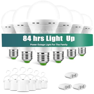 MOSLIAN Emergency-Rechargeable Light Bulb with Hook,Stay Lights Up When Power Failure, 1500mAh 12W 60W Equivalent LED Light Bulbs for Home, Camping, Hiking(E27, with Hook,with Plug Cap) 6 Pack