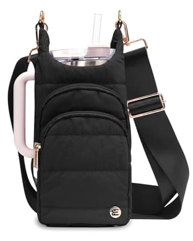 Elmklare Water Bottle Holder with Strap for 30/32 oz, Crossbody Water Bottle Carrier Bag with RFID Blocking Phone Pocket for Gym Hiking Walking Camping Travel, Black