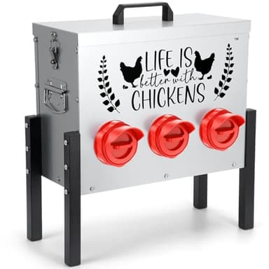 TGEYD 30 lb Chicken Feeder with 6 No-Waste Ports – Heavy-Duty Outdoor Metal Feeder with Adjustable Height, Locking Lid & Riveted Handles – Rustproof Feed Box for Poultry & Backyard Chickens
