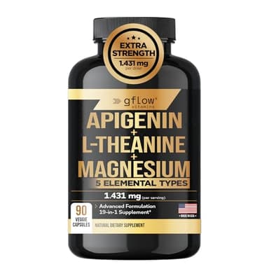 Gflow Vitamins Apigenin Supplement for Sleep with Magnesium Glycinate Complex and L-theanine Supplement - 19 in 1, Ashwagandha L Tryptophan 5-HTP GABA Phosphatidyl Serine, Chamomile | Made in USA