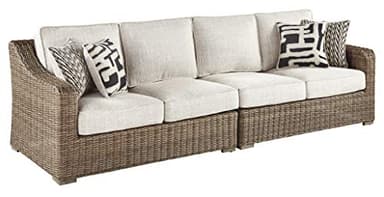 Signature Design by Ashley Beachcroft Outdoor Left & Right Arm Facing Wicker Patio Loveseats, Nuvella Weather Resistant Fabric, Brown & Beige