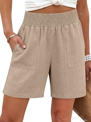 ANRABESS Linen Shorts for Women Casual Summer High Waisted Wide Leg Lounge Beach Vacation Shorts with Pockets Light Khaki Medium