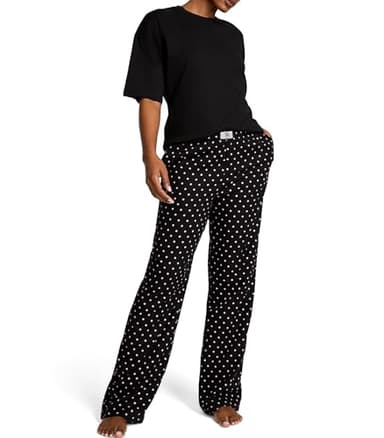 Victoria's Secret Cotton Tee Pajama Set, Short Sleeve Shirt and Long Flannel Pants, Pajamas for Women, Black Dot, S