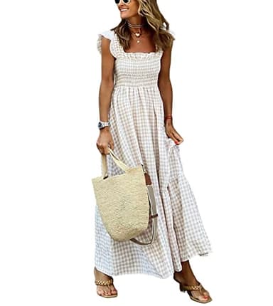 chouyatou Women's Retro Plaid Smocked Dress Spaghetti Strap Flounce Long Dress (Large, Khaki)
