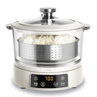 COOK WITH COLOR 3L Glass Mini Low Carb Rice Cooker – Holds 2 Cups Raw/Makes 6 Cups Cooked with Auto Lift Filter Basket, Hotpot & Steamer for Rice, Grains, Digital Panel with Keep Warm, Cream