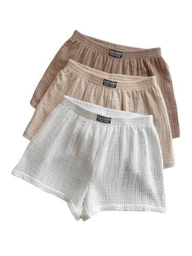 SOLY HUX Women's Summer Shorts 3 Packs Elastic Waist Wide Leg Casual Cotton Shorts Sets Beige White Multi Medium