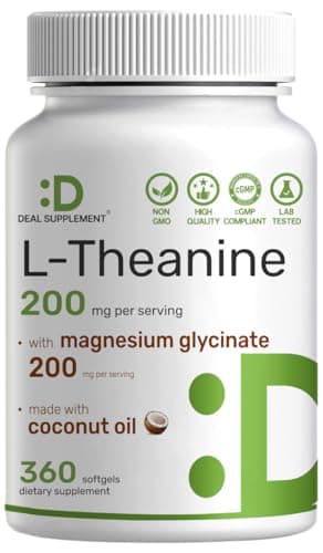 L-Theanine with Magnesium Glycinate, 360 Softgels | L-Theanine 200mg & Magnesium Glycinate 200mg per Serving | 2-in-1 Amino Acid & Mineral Complex | Made with Coconut Oil | Non-GMO, cGMP Manufactured