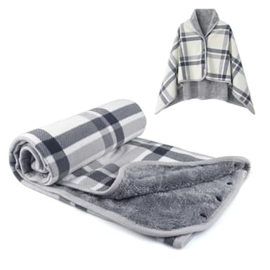 forestfish Fleece Wearable Blanket, Plaid Lap Blanket Comfy Poncho Throw with Buttons for Bed Sofa Office, Grey-White
