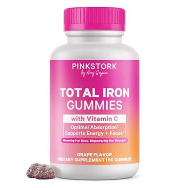 Pink Stork Prenatal Iron Supplement Gummies for Women - 20 mg with Vitamin C - Grape Chewable for Deficiency, Energy, & Blood Builder - 60 Gummy Chews