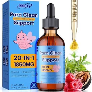 Parasite Cleanse for Humans & Kids - 20-in-1 Herbal Blend with Wormwood, Black Walnut, Zeolite & Chlorella, 20 Billion Probiotics Liquid, Alcohol-Free Digestive & Gut Support, 30 Servings