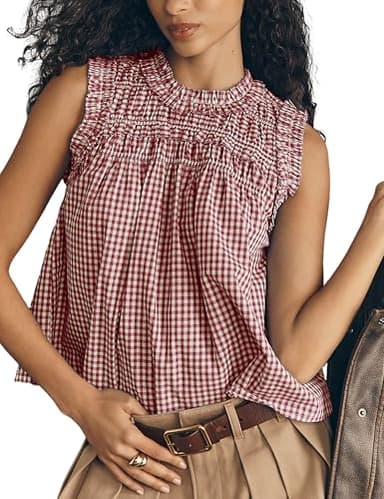 OPCAKM Casual Tops for Women Plaid Babydoll T Shirts Sleeveless Peplum Top Cotton Blouse Summer Shirts Trendy(Red-M)