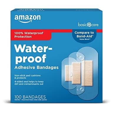 Amazon Basic Care Waterproof Clear Adhesive Bandages for Minor Cuts and Scrapes, Non-Stick Pad, First Aid and Wound Care Supplies, Assorted Sizes, 100 Count