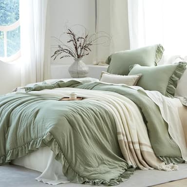 softpage Sage Green Ruffle Comforter Set Queen, Pre-Washed Shabby Chic Bedding Set, Lightweight Cottagecore Soft Romantic Cozy 1 Comforter & 2 Shams, All-Season