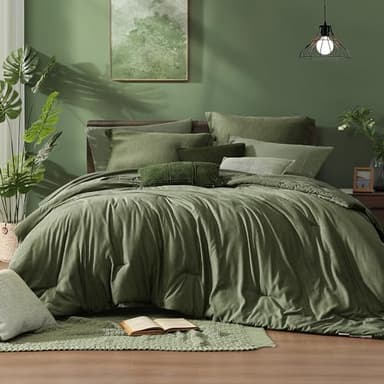 Monbix King Size Comforter Set, Olive Green King Bed Set Reversible, King Size Comforter Set 7 Pieces, Cationic Dyeing Bed in a Bag with Comforter, Sheets, Pillowcases & Shams