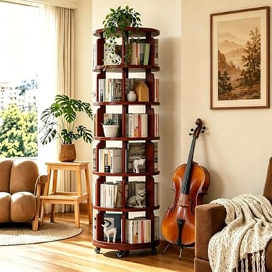 Azlafu 6 Tier 360° Rotating Solid Wood Bookshelf with Wheels, Lazy Susan Circular Spinning Revolving Corner Bookcase, Freestanding Storage Shelf for Bedroom Small Space, Walnut