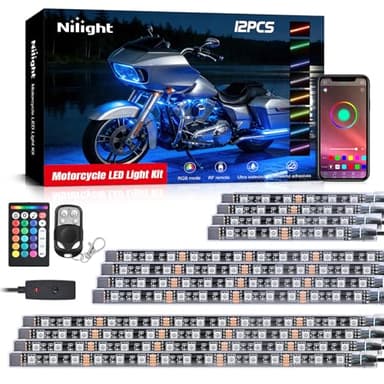 Nilight 12PCS Motorcycle RGB Led Light Kit Waterproof Multi Color Atmosphere Neon Accent APP and Remote Control Underbody Strips for Harley Davidson Honda Kawasaki Suzuki
