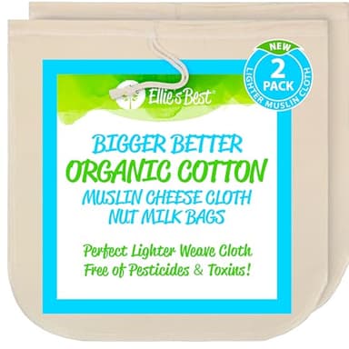 Organic Cotton EZ-2-Squeeze Nut Milk Bags - 2pk -14" x14" Reusable All Purpose Food Strainer Bag- Light Strong Muslin Mesh Cheesecloth