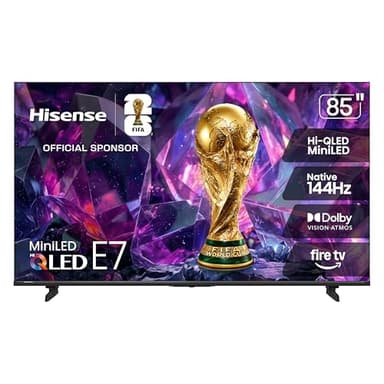 Hisense 85" E7 Cinema Series Hi-QLED Mini-LED 4K UHD Smart Fire TV (85E7SF, 2026 NEW) - Native 144Hz, AI Picture, Dolby Vision IQ · Atmos, FALD, HDR10+ Adaptive, MEMC, Alexa+