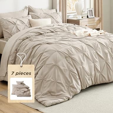Bedsure Queen Comforter Set Beige - Bed in a Bag Queen Size Bedding 7 Pieces, GentleSoft™ Pintuck Bed Set Gift for Family, All Season Down Alternative Comforter with Sheets, Pillowcases & Shams