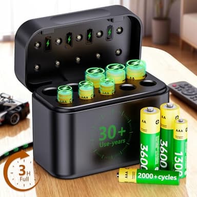 30-Year Power Solution Rechargeable Batteries with Charger: 5 AA & 5 AAA Low Self-Discharge Lithium Battery for Home & Everyday Use 2000+ Cycles - 3H Fast Charging for Remote Control Door Lock Toy