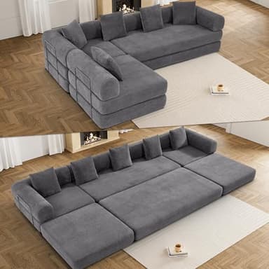 DAMAIFROM 158.6" Convertible Sleeper Sofa Bed Set with Pillow,4-in-1 Corduroy Folding Mattress Boneless Couch with Fixed-Shape Frame,Fold Out Floor Sofa Cama Lounge Couch for Living Room,Grey