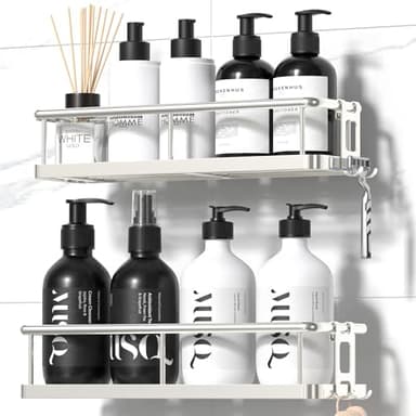 YASONIC Shower Caddy Adhesive, No Drill Bathroom Shower Organizers, with Removable Hooks, Rust Proof Shower Shelves, Wall-Mounted Shower Holder, 2 Pack Silver