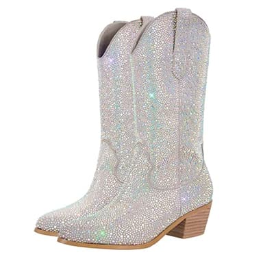 Richealnana Sparkly Rhinestones Calf Mid High Boots for Women Cowboy Cowgirl Boots for Women 2INCH Heeled Shining Comfortable Pull On Tabs Boots Silver Size13