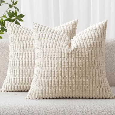 MIULEE Pack of 2 Corduroy Decorative Euro Sham Throw Pillow Covers 26x26 Inch Soft Boho Striped Pillow Covers Modern Farmhouse Home Decor for Sofa Living Room Couch Bed Cream White