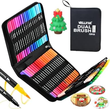 WELLFAR 72 Colors Adult Coloring Book Markers No Bleed – Dual Fine & Brush Tip Art Markers for Teens/Kids, Gel Acrylic Paint Pens for Drawing, Painting, Journaling, Calligraphy, Sketching, No Bleeding