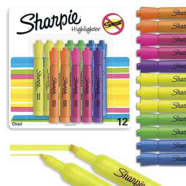 Sharpie Tank Highlighters, Assorted Colors, Chisel Tip, Back to School Essentials, Teacher & Office Supplies, Smear-Resistant, 12-Pack