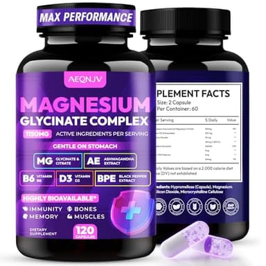Magnesium Glycinate Complex 1150mg - Gentle on Stomach High Absorption Magnesium Capsules with Citrate, Silica, Ashwagandha & Vitamin B6 for Zzz, Stress Relief, Muscle Support for Adults, Women & Men