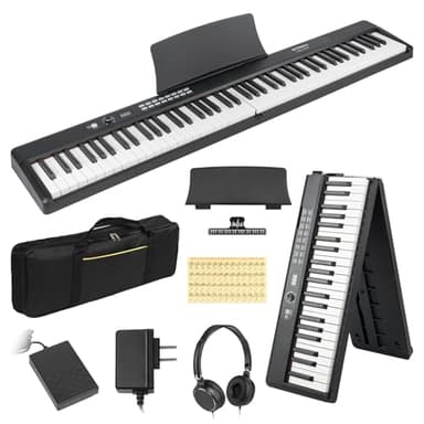STRICH 88 Key Digital Piano Foldable Full Size Electric Keyboard with Semi-Weighted Sensitive Keys, Portable Piano Set for Beginner, Bundle with Sustain Pedal, Headphones, Music Rest, Black, SEP-88F