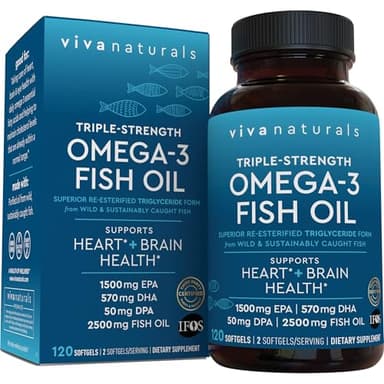 Viva Naturals Omega 3 Fish Oil Supplement for Women and Men - 2500 mg Triple Strength Fish Oil per Serving with Omega 3 Fatty Acids Including EPA, DHA DPA - 120 Pescatarian-Friendly Softgels