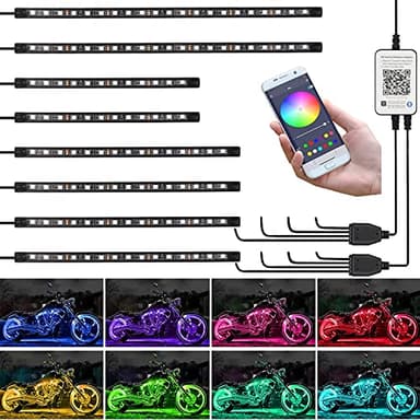 Kairiyard 8PCS Motorcycle Underglow LED Light Kit, App Control Multicolor Motorcycle LED Light Kit Music Sync RGB Strips Light Waterproof Compatible with Harley Davidson Honda Kawasaki Suzuki