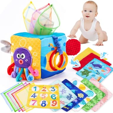 hahaland Baby Tissue Box Toy - Baby Toys 6-12 Months Montessori Toys for 6 Month Old with Textured Tails, Crinkle Tissues, Squeaky, Mirror, Play Silks Sensoy Scarves Baby Gifts Easter Basket Stuffers