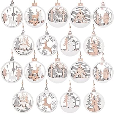 18pcs Christmas Ornaments, IDATOO Farmhouse Rustic Winter Wonderland Glitter Decorations, 3D Layered Scenes Wood Ornaments Holiday Decor for Winter Christmas Tree Window Door Accessories(18)