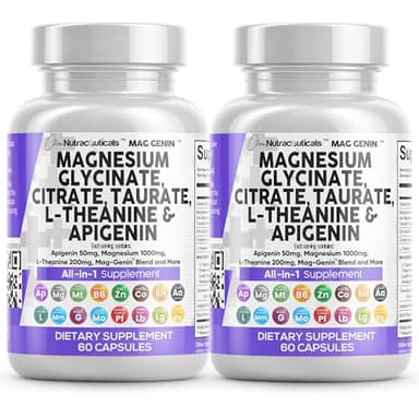 Clean Nutraceuticals Magnesium Glycinate Complex 1000mg with L-Theanine 200mg Apigenin 50mg Citrate Taurate Supplement (60 Count (Pack of 2))