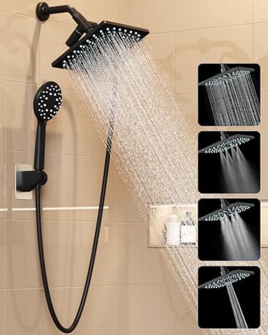 Veken High Pressure Rain Shower Head with Handheld, Multi-Functions Square Rainfall Shower Heads with 5-Mode Handheld Spray Combo, Detachable Hand Held Showerhead, Dual Matte Black Regaderas Para