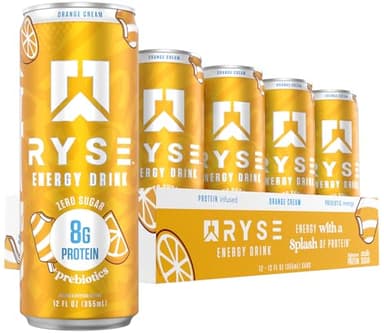 RYSE Functional Energy Drink - Orange Cream - 150mg Natural Caffeine, 8g Whey Protein & 1g Prebiotics - Sugar Free, Gut-Friendly, Bloat-Free - 12 fl oz Cans (12-Pack)
