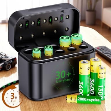 Up to 300% Longer Runtime Rechargeable Batteries with Charger: 30 Years Long Life 4 AA & 4 AAA Lithium Battery Reusable 2000+ Cycles - 1.5V Stable Output No Power Drop 3H Fast Charging for Remote/Toy
