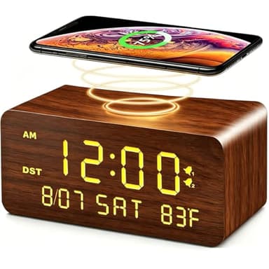 Andoolex Wooden Digital Alarm Clock with Wireless Charging, 0-100% Adjustable Brightness Dimmer and Alarm Volume, Weekday/Weekend Mode, Dual Alarm, Snooze, 12/24H, Wood LED Clock for Bedroom (Brown)