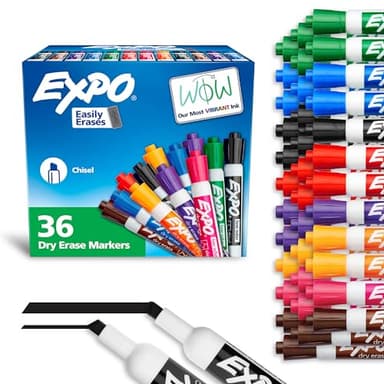 EXPO Chisel Tip Dry Erase Markers Low-Odor Assorted Colors Pack of 36 - Ideal for Classrooms Offices and Homes