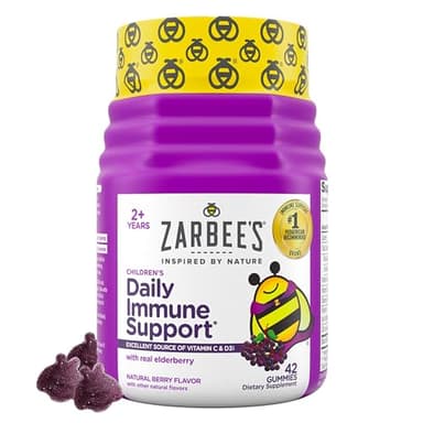 Zarbee’s Elderberry Gummies for Kids, Immune Support Supplement with Vitamins A, C, D3, E, & Zinc, Gluten & Gelatin Free, No Artificial Flavors, Natural Berry Flavor, Ages 2+, 42 ct