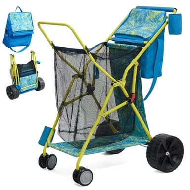Beach Cart with Big Wheels for Sand, Collapsible All-Terrain Beach Wagon with Cooler Bag & Umbrella Holder, Large Mesh Storage, Supports 100lbs for Camping, Outdoor, Shopping, Palm Print