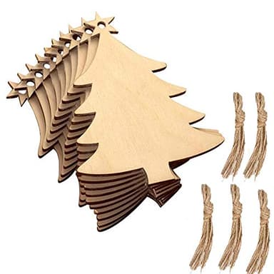 LEBERY 50pcs Wooden Christmas Ornaments Natural Wood Slices Unfinished Predrilled Wooden Crafts to Paint Christmas Tree Hanging Ornaments Wood Cutouts Xmas Centerpieces Decoration DIY Crafts