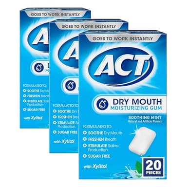 ACT Dry Mouth Moisturizing Gum, 20 Pieces, With Xylitol, Sugar Free Soothing Mint (Pack of 3)